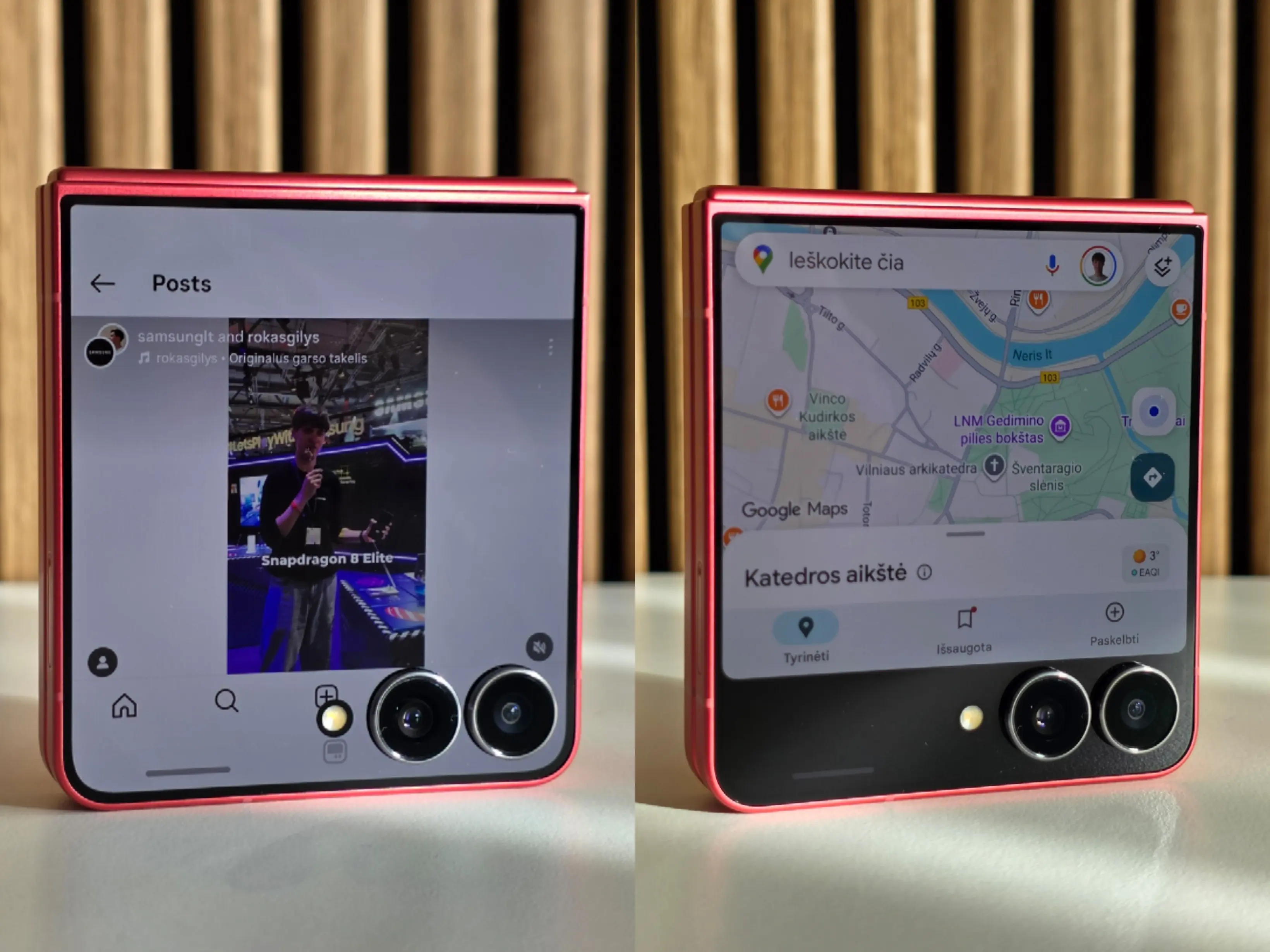 Galaxy Flip7 viršelio ekranas: „Instagram“ ir „Google Maps“